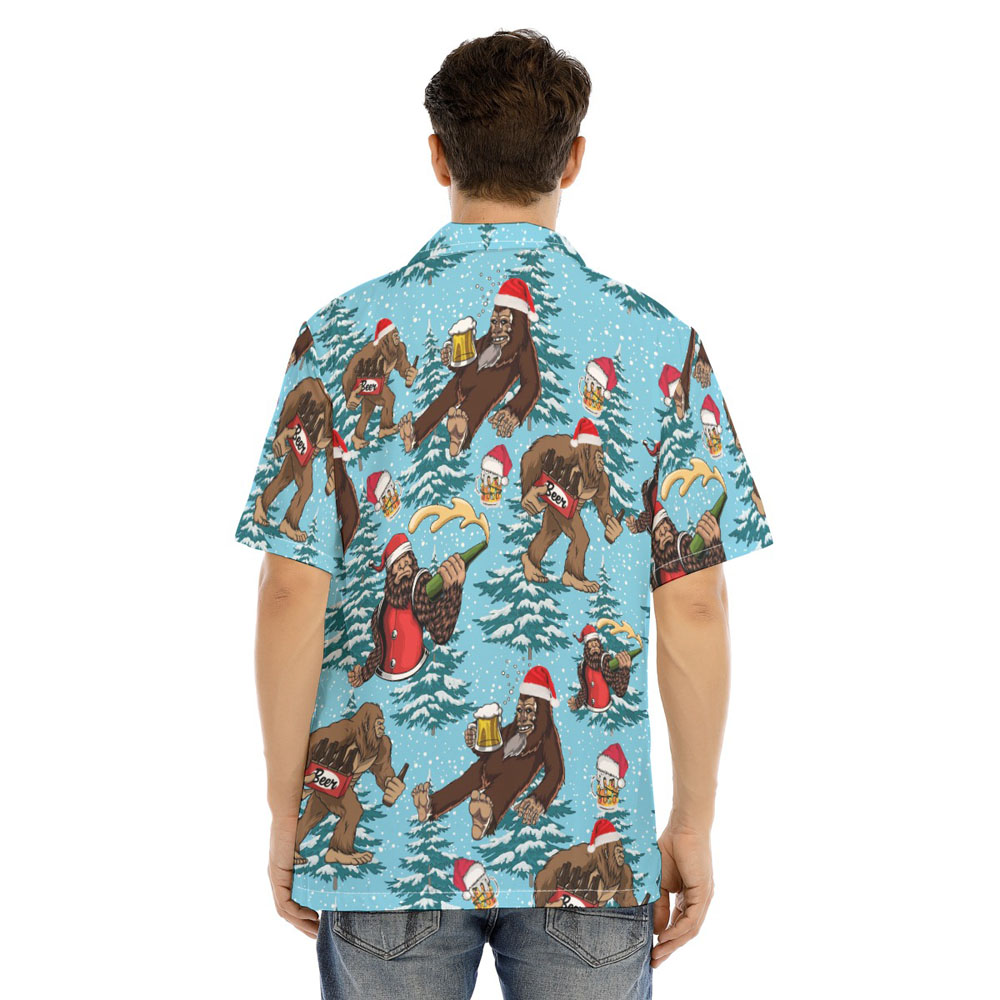 Bigfoot Beer Christmas Trees Blue Hawaiian Shirt
