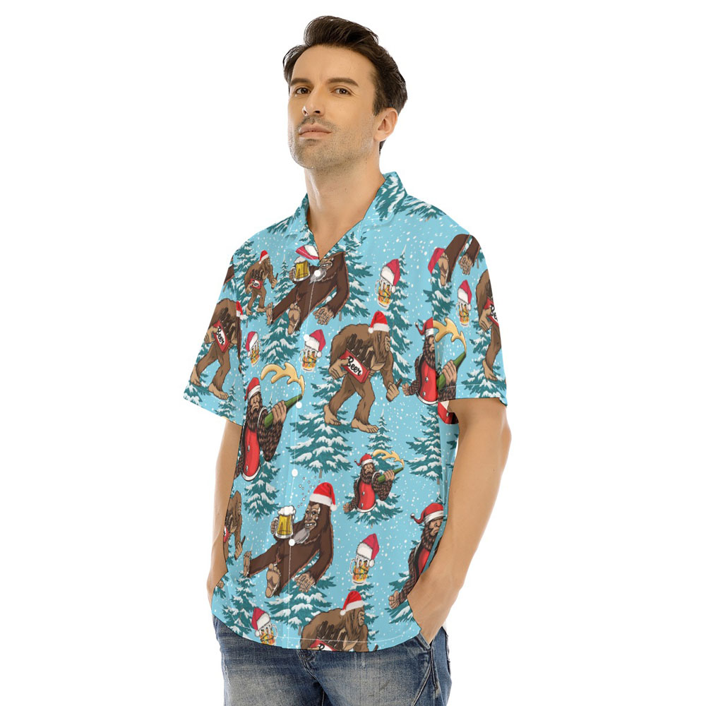 Bigfoot Beer Christmas Trees Blue Hawaiian Shirt