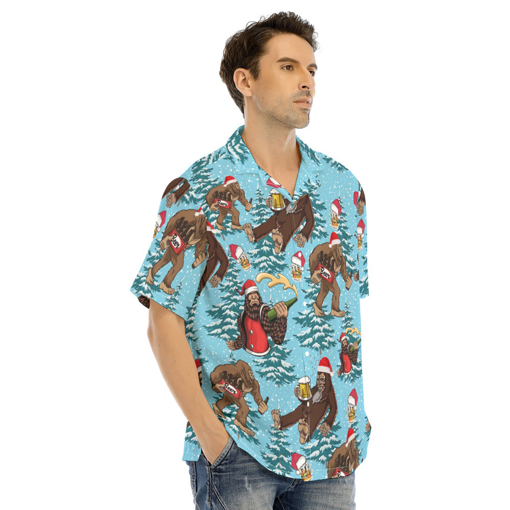 Bigfoot Beer Christmas Trees Blue Hawaiian Shirt