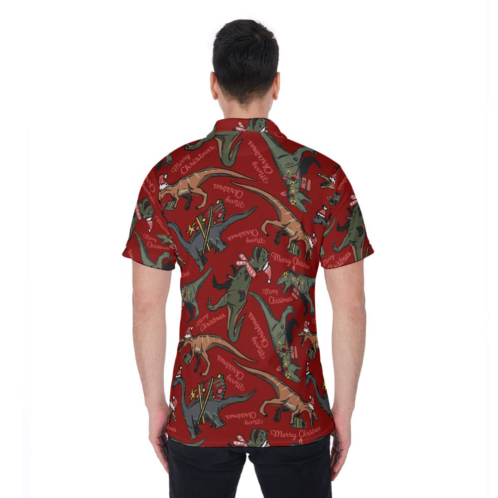 Vintage Christmas Dinosaur Hawaiian Polo Shirt For Men