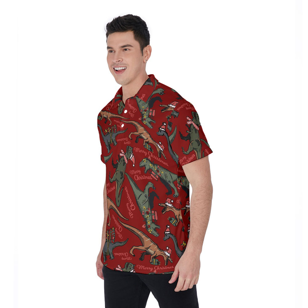 Vintage Christmas Dinosaur Hawaiian Polo Shirt For Men