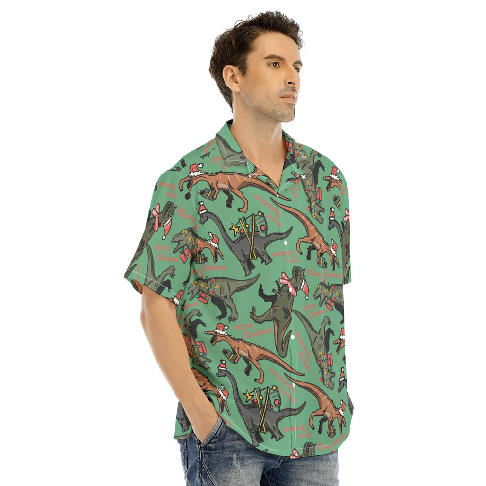 Christmas Dinosaur Men's Green Hawaiian Shirt