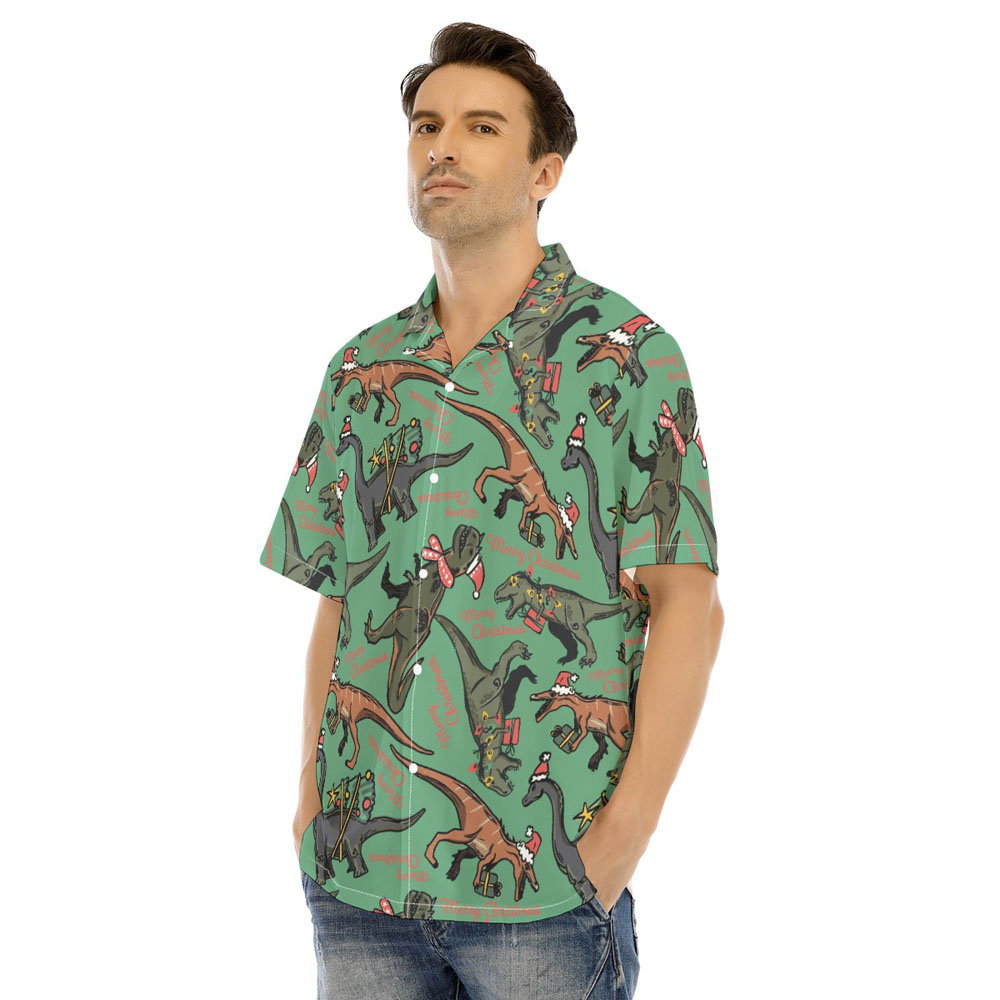 Christmas Dinosaur Men's Green Hawaiian Shirt