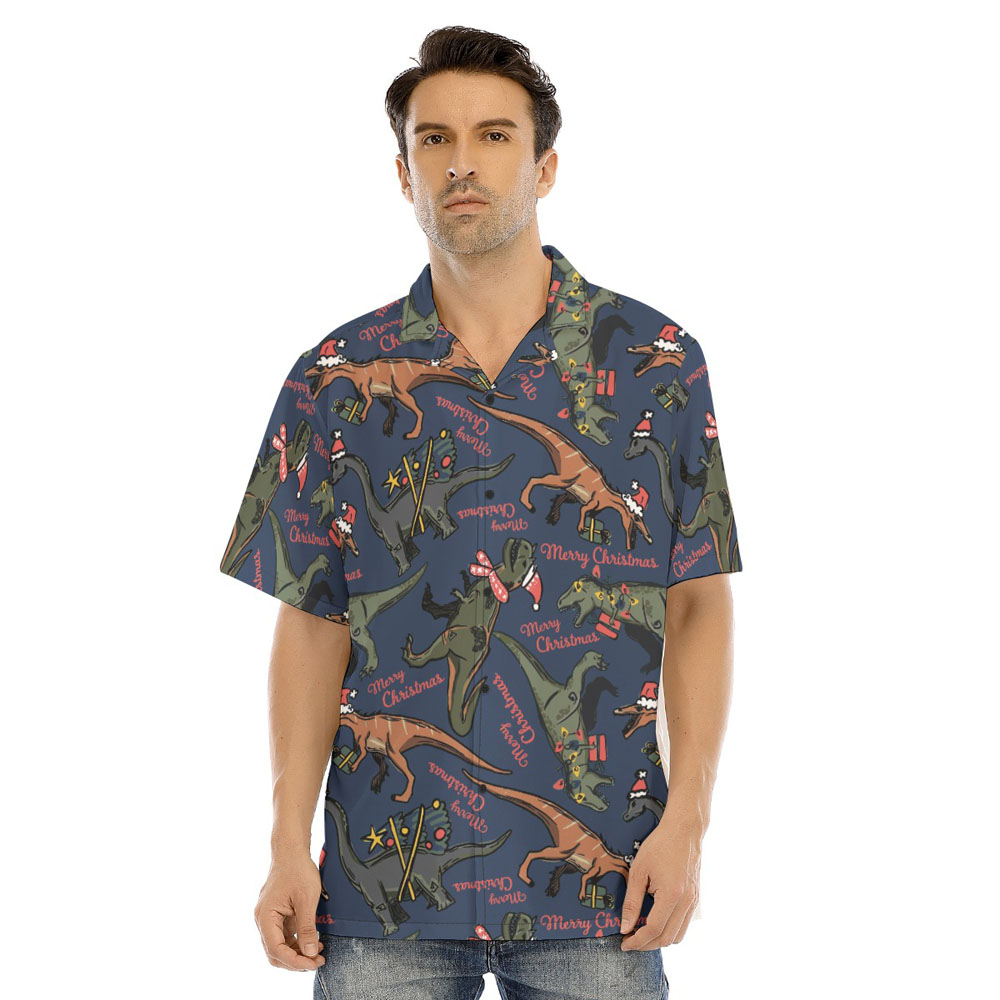 Christmas T-rex Navy Hawaiian Shirt - variant image 1