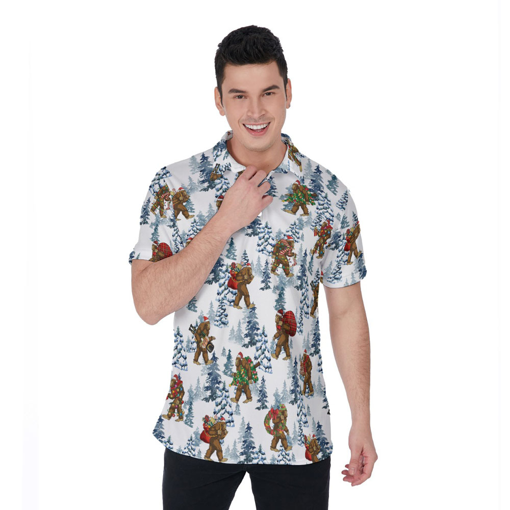 Funny Christmas Sasquatch White Hawaiian Polo Golf Shirt For Men - variant image 1