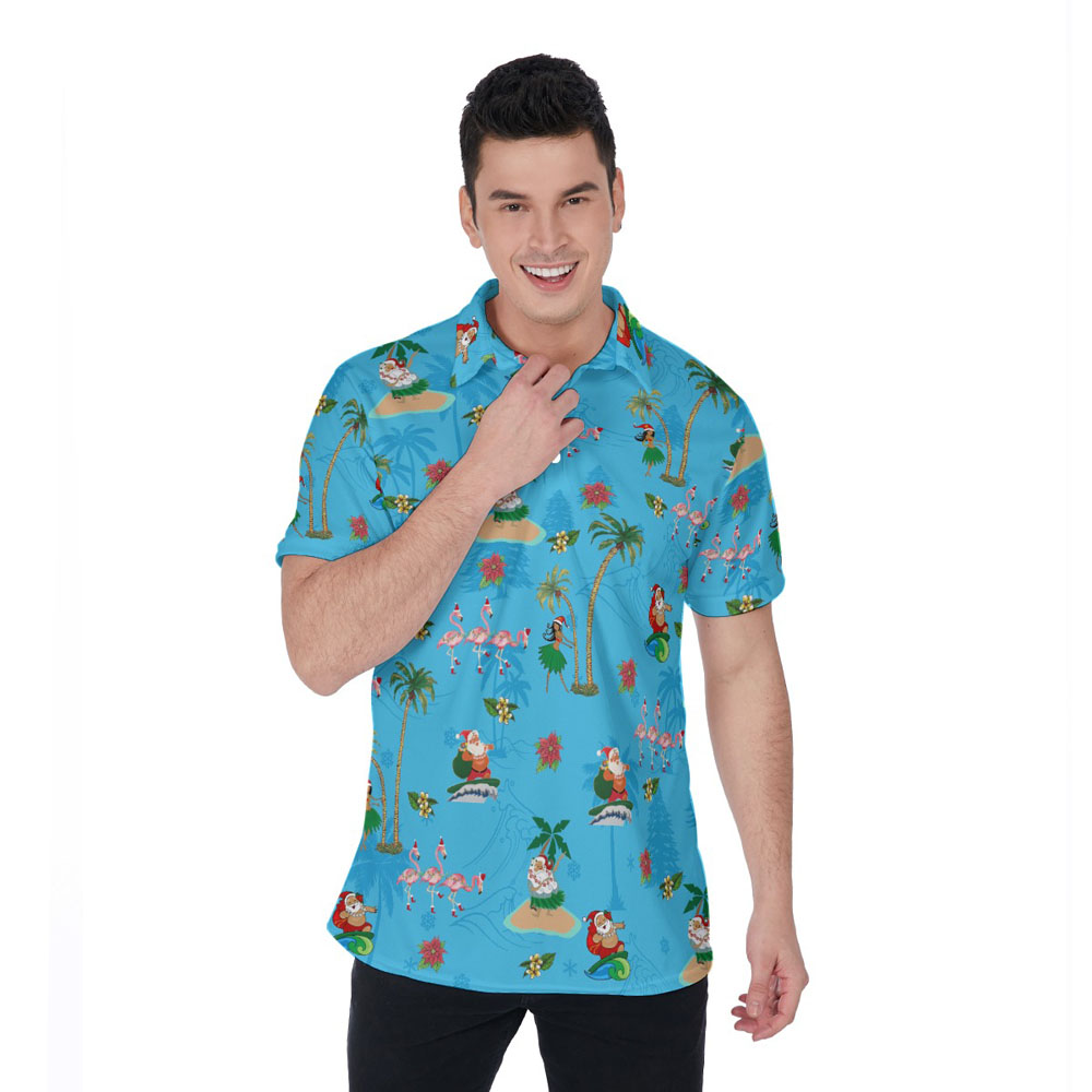 Hula Santa Surfing Tropical Flamingo Christmas Hawaiian Polo Shirt - variant image 1