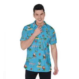 Hula Santa Surfing Tropical Flamingo Christmas Hawaiian Polo Shirt