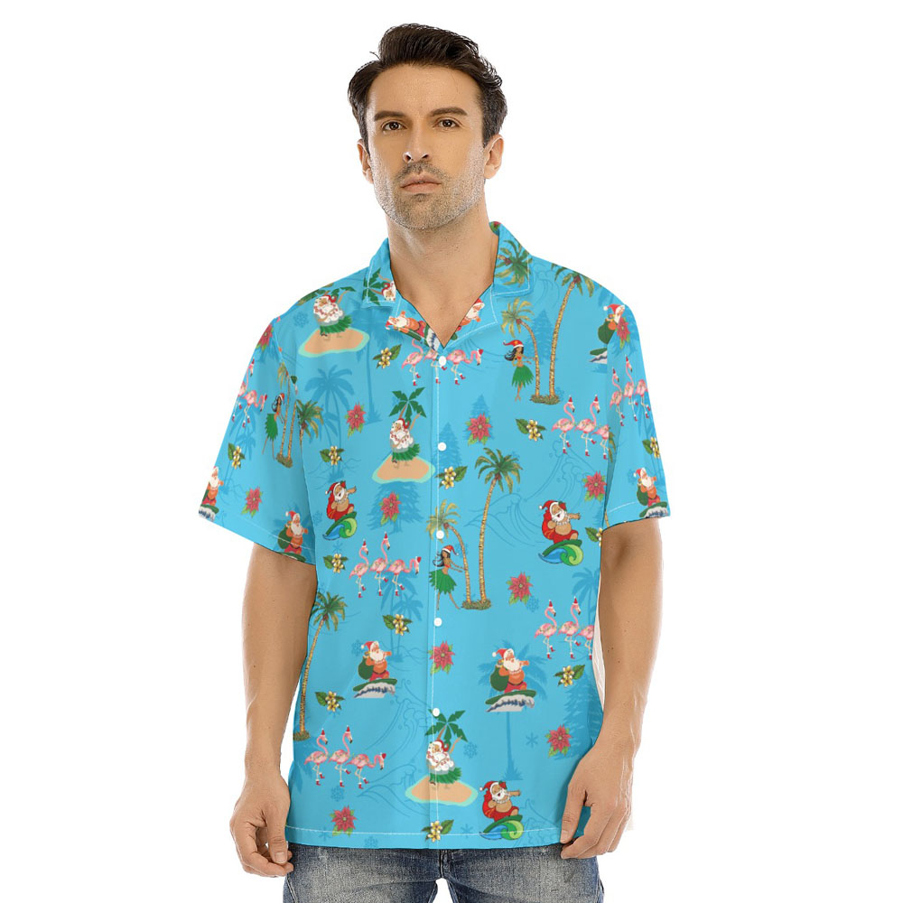 Mele Kalikimaka Hula Santa Tropical Flamingo Blue Hawaiian Shirt - variant image 1