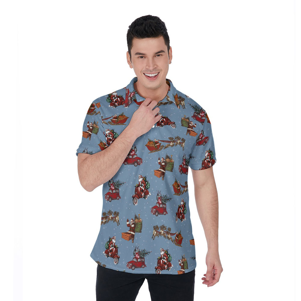 Cute Christmas Santa Claus Vintage Style Blue Hawaiian Polo Shirt - variant image 1
