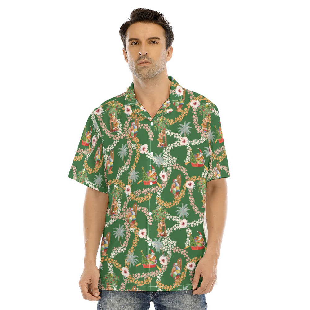 Mele Kalikimaka Summer Santa Claus Floral Green Hawaiian Shirt - variant image 1