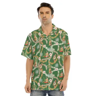 Mele Kalikimaka Summer Santa Claus Floral Green Hawaiian Shirt