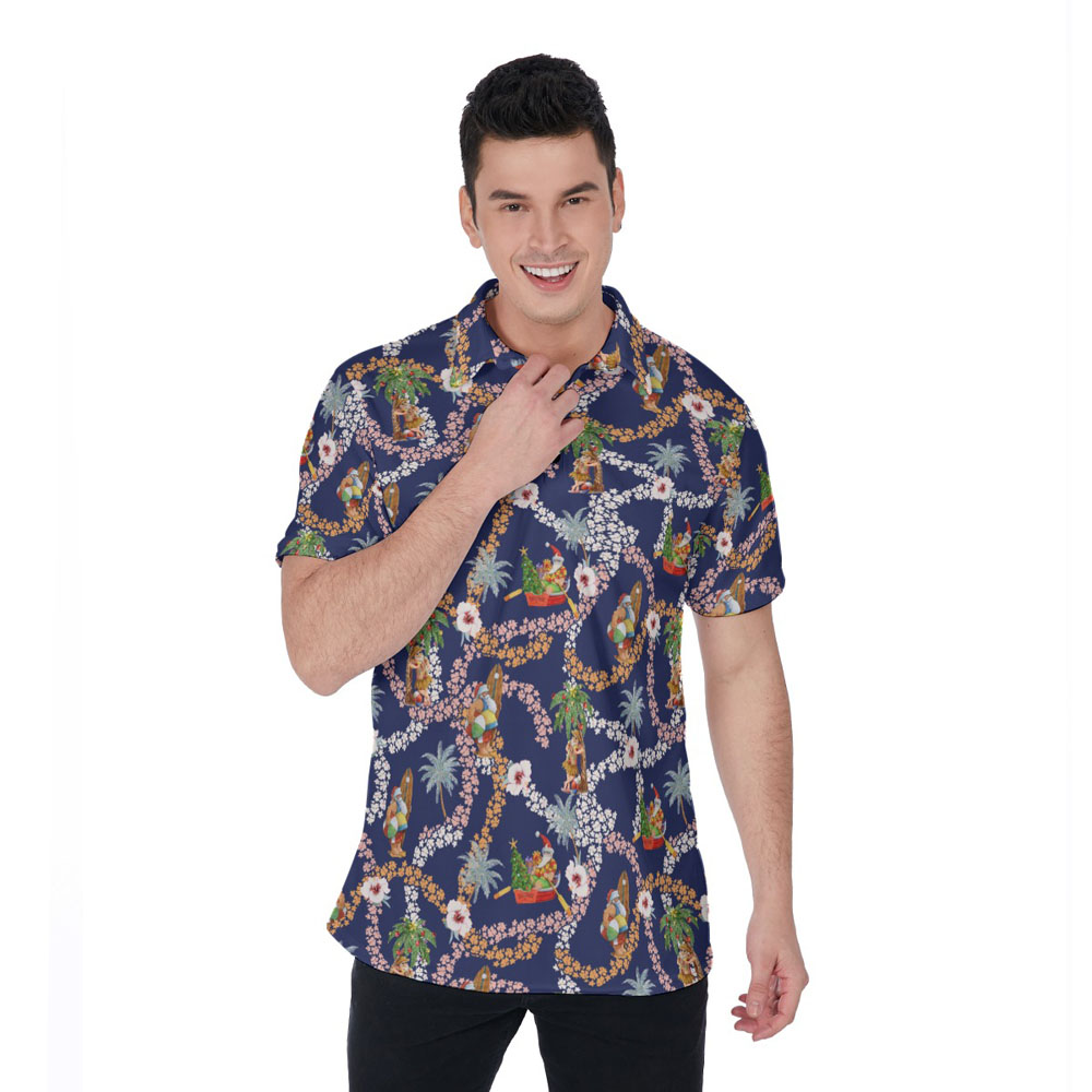 Mele Kalikimaka Summer Santa Floral Navy Hawaiian Polo Shirt - variant image 1