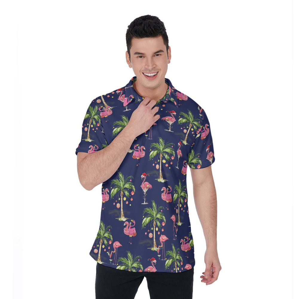 Funny Christmas Flamingo Tropical Navy Hawaiian Polo Golf Shirt - variant image 1