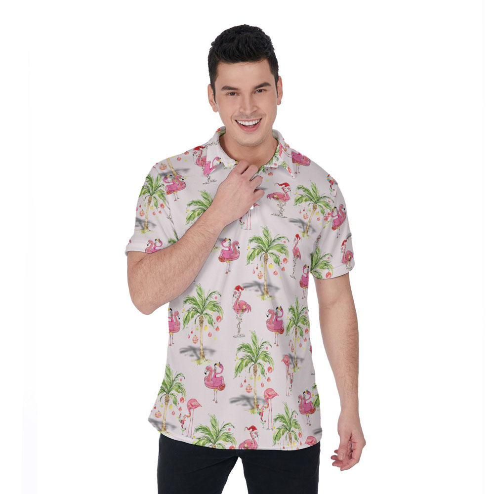 Christmas Flamingo Tropical Palm Tree Hawaiian Polo Shirt - variant image 1
