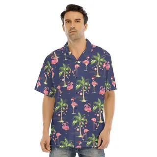 Tropical Palm Tree Christmas Flamingo Navy Hawaiian Shirt