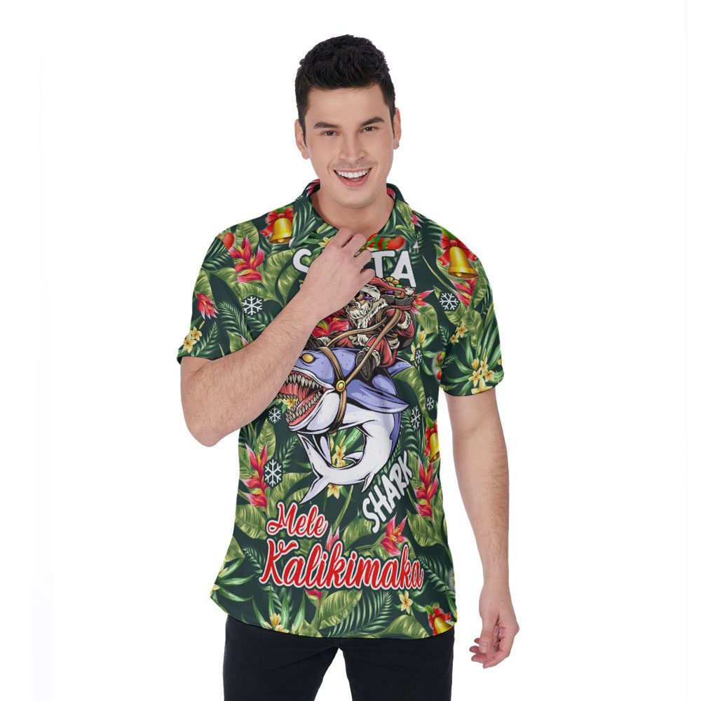 Funny Christmas Santa Riding Shark Tropical Hawaiian Polo Shirt - variant image 1