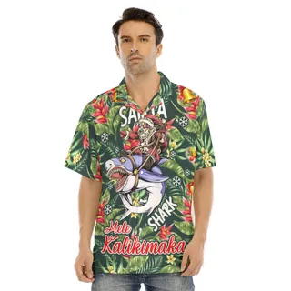 Mele Kalikimaka Santa Riding Shark Christmas Tropical Hawaiian Shirt
