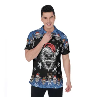 Cool Christmas Skull Navy Hawaiian Polo Shirt