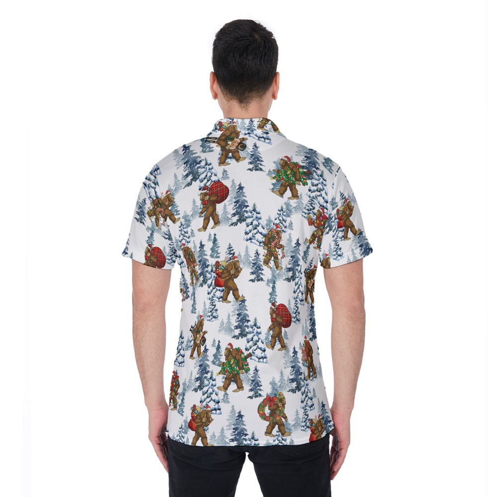 Funny Christmas Sasquatch White Hawaiian Polo Golf Shirt For Men
