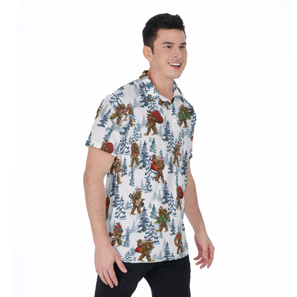 Funny Christmas Sasquatch White Hawaiian Polo Golf Shirt For Men