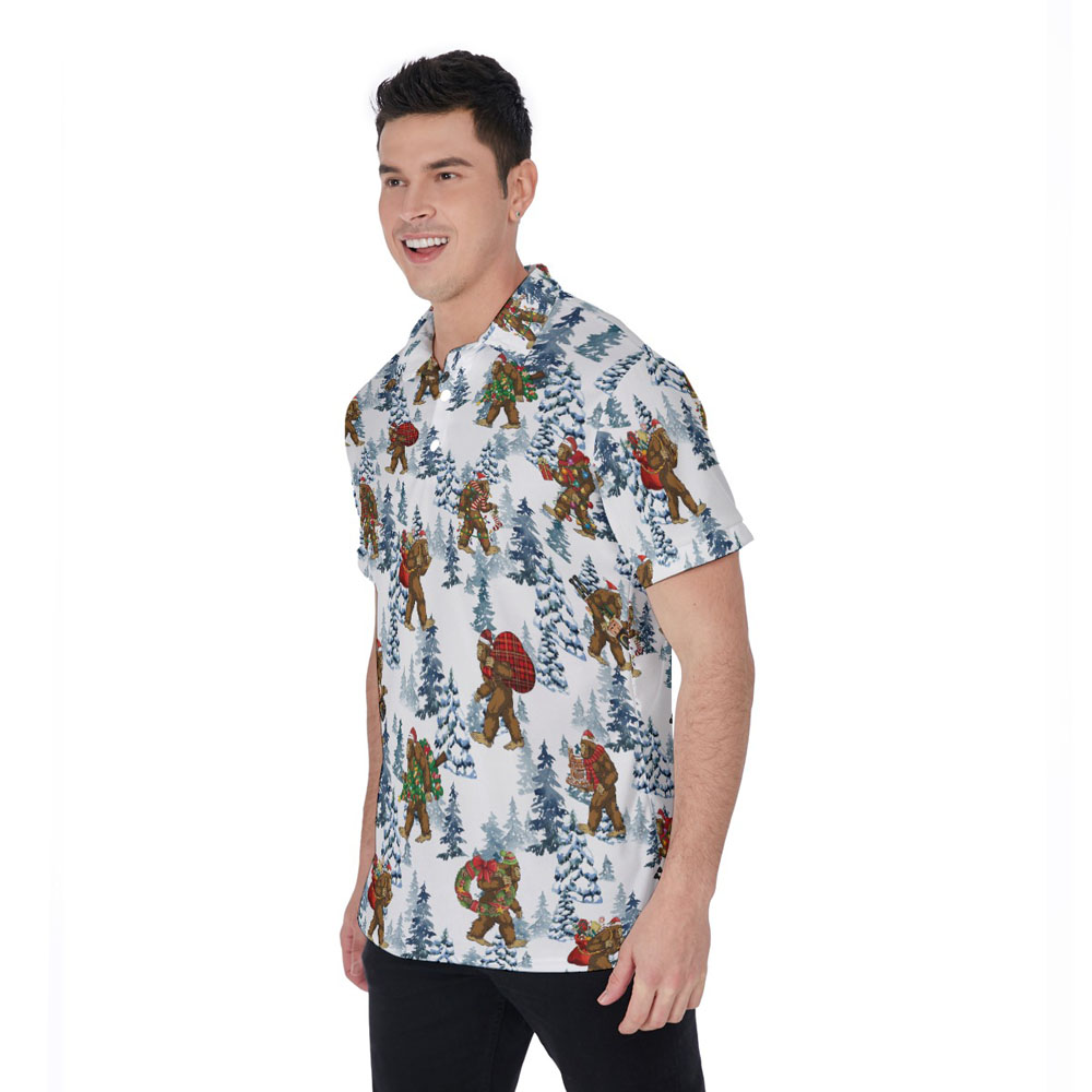Funny Christmas Sasquatch White Hawaiian Polo Golf Shirt For Men