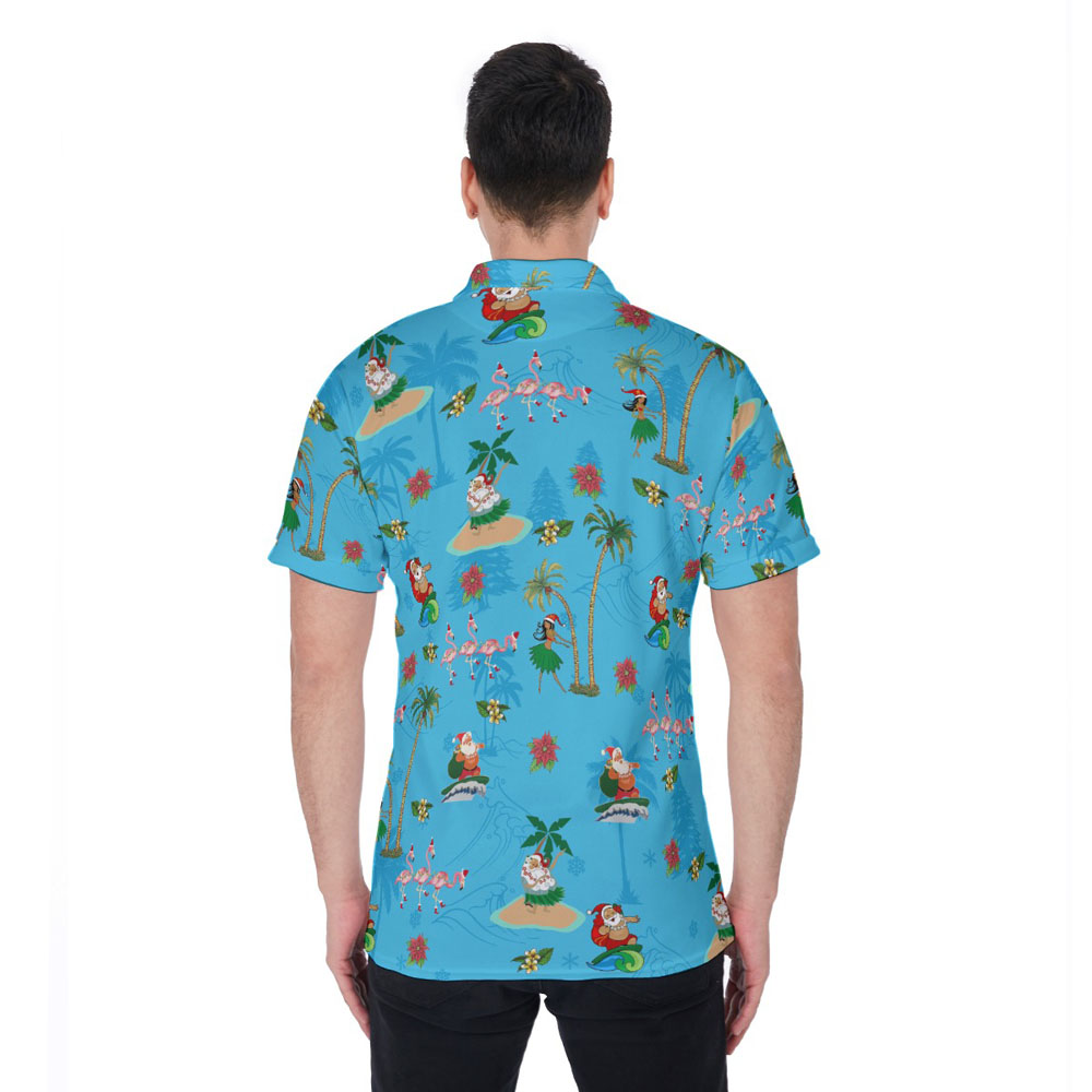 Hula Santa Surfing Tropical Flamingo Christmas Hawaiian Polo Shirt