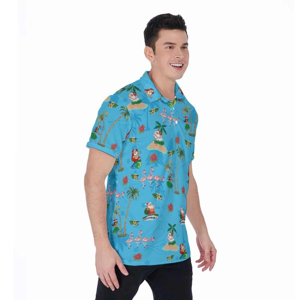 Hula Santa Surfing Tropical Flamingo Christmas Hawaiian Polo Shirt