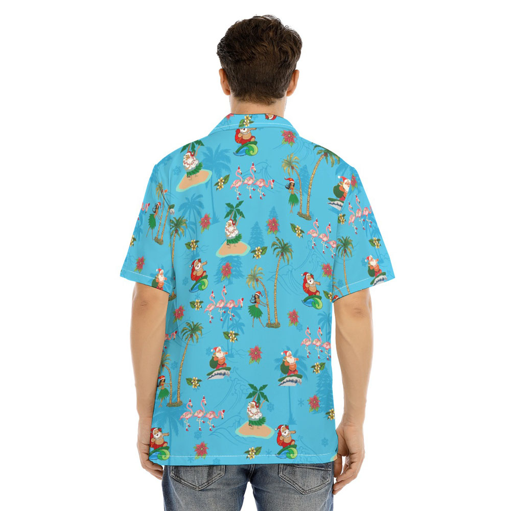 Mele Kalikimaka Hula Santa Tropical Flamingo Blue Hawaiian Shirt