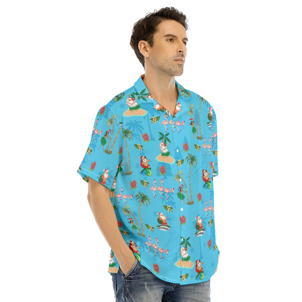 Mele Kalikimaka Hula Santa Tropical Flamingo Blue Hawaiian Shirt