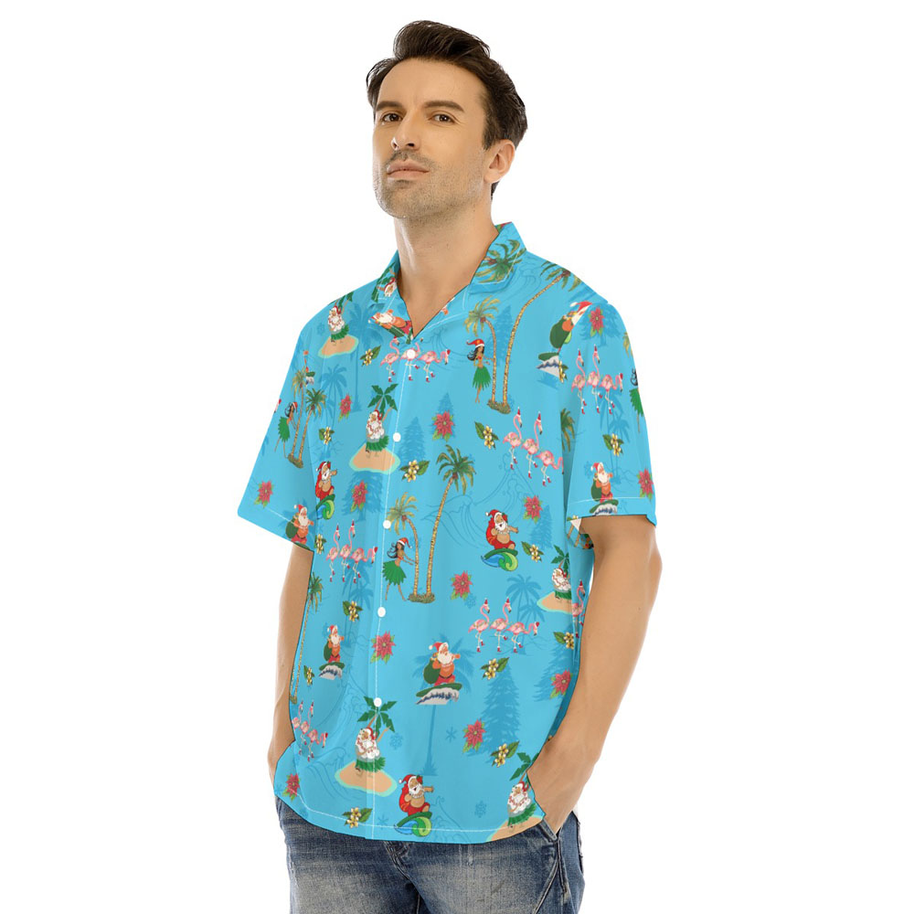 Mele Kalikimaka Hula Santa Tropical Flamingo Blue Hawaiian Shirt