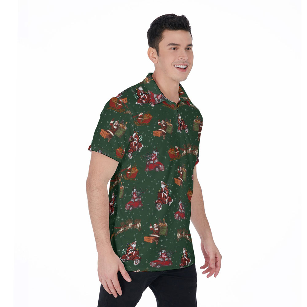 Classic Christmas Santa Claus Green Hawaiian Polo Golf Shirt For Men