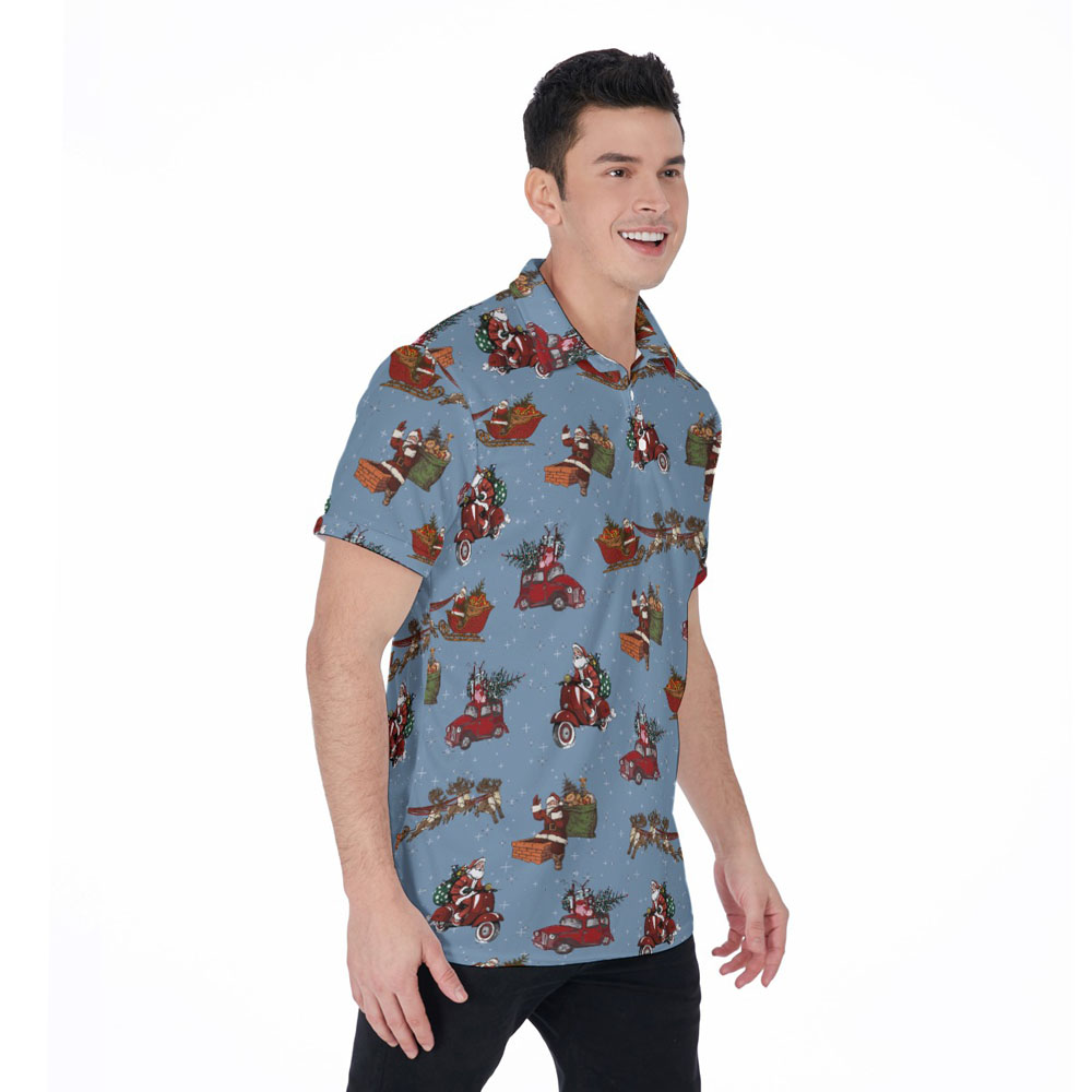 Cute Christmas Santa Claus Vintage Style Blue Hawaiian Polo Shirt