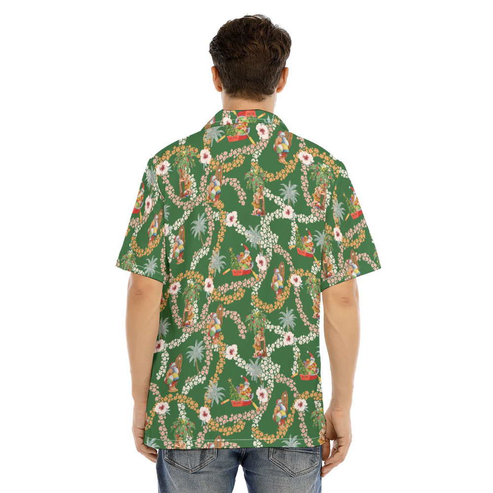 Mele Kalikimaka Summer Santa Claus Floral Green Hawaiian Shirt