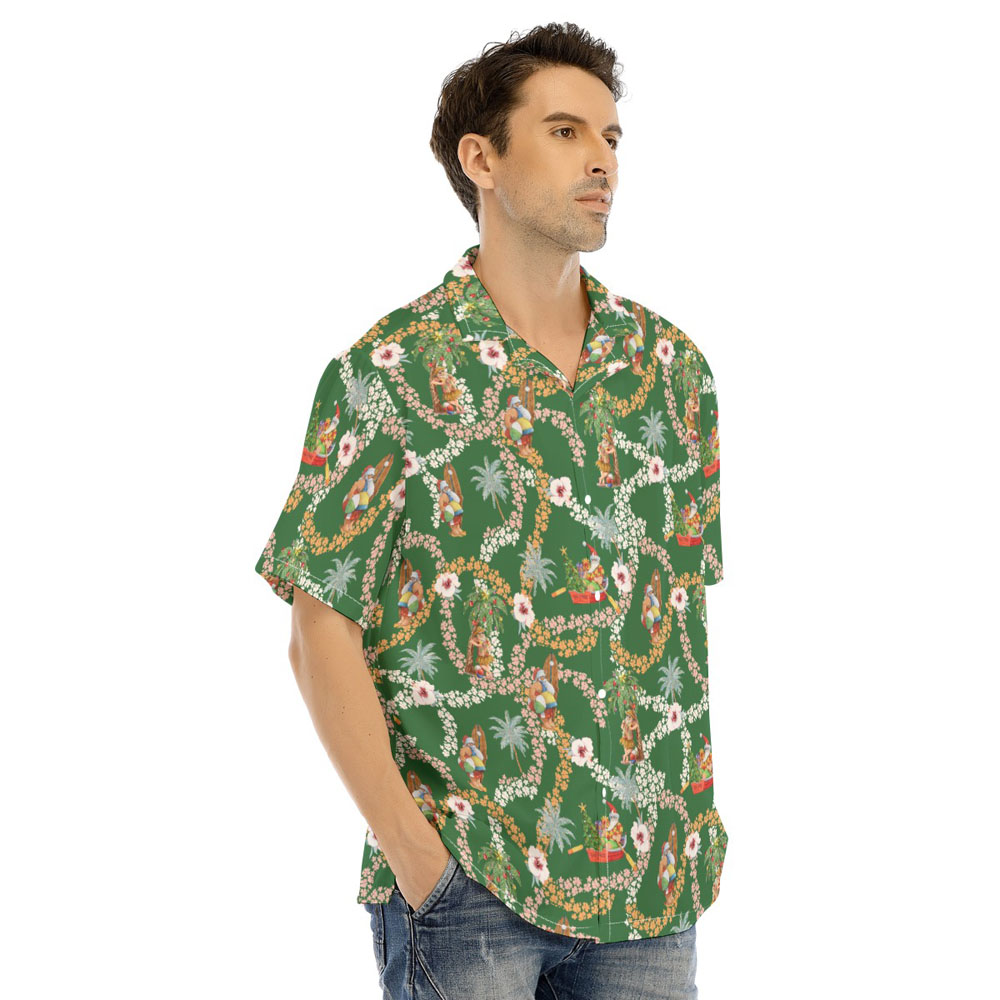 Mele Kalikimaka Summer Santa Claus Floral Green Hawaiian Shirt