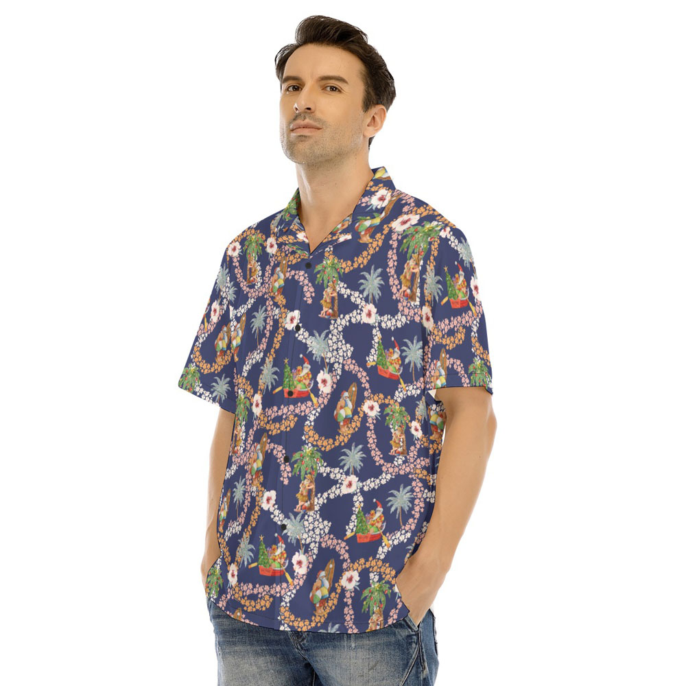 Summer Santa Claus Floral Christmas Navy Hawaiian Shirt