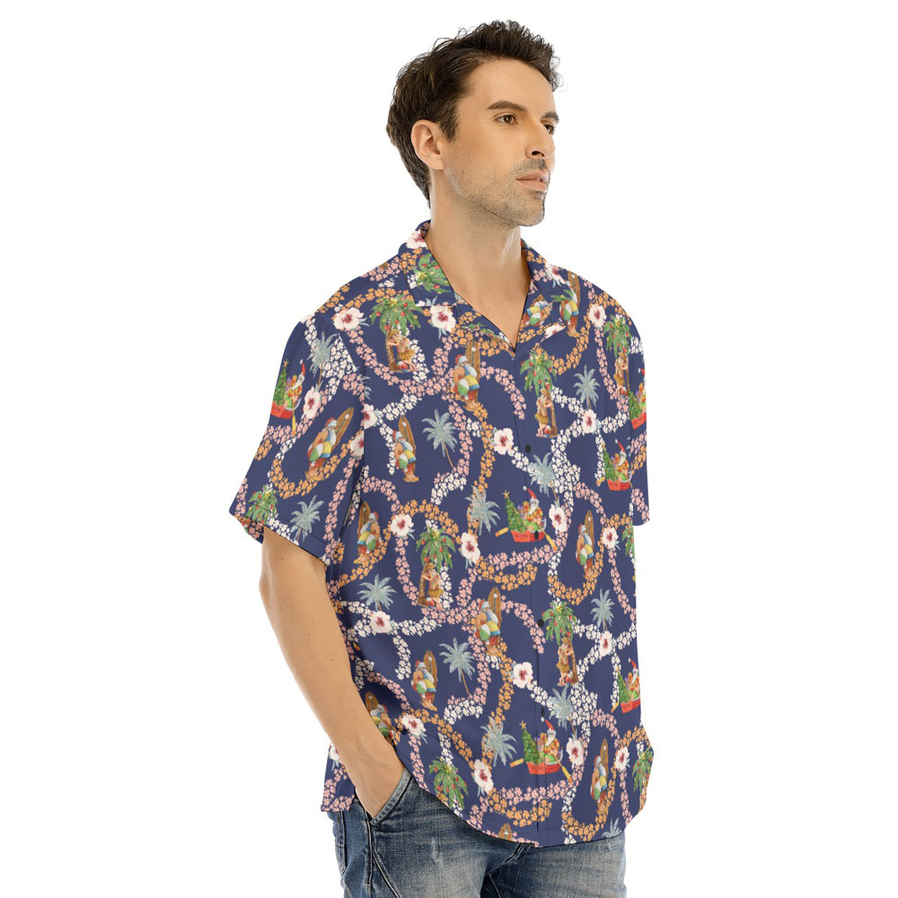 Summer Santa Claus Floral Christmas Navy Hawaiian Shirt