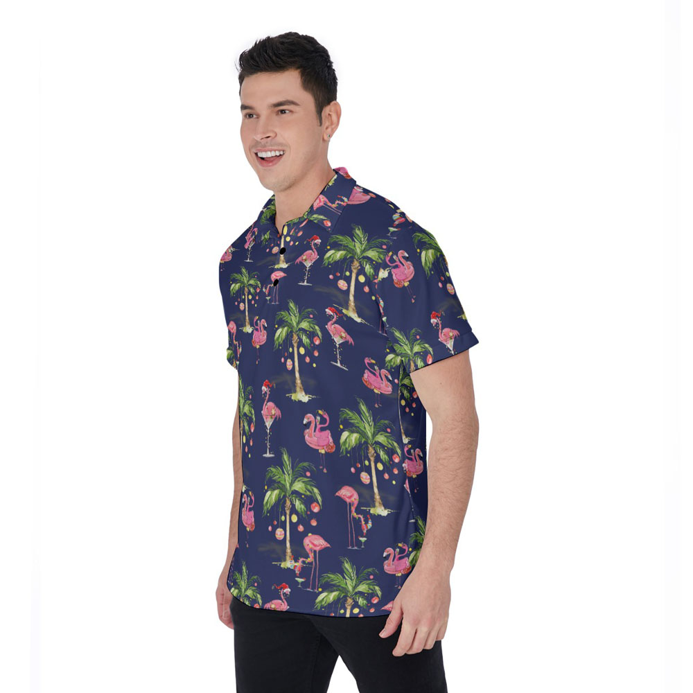 Funny Christmas Flamingo Tropical Navy Hawaiian Polo Golf Shirt