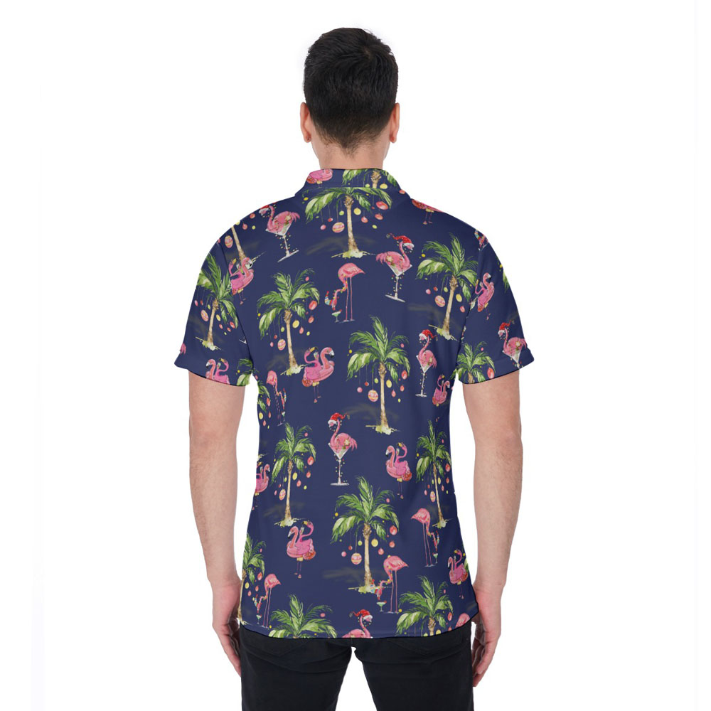 Funny Christmas Flamingo Tropical Navy Hawaiian Polo Golf Shirt
