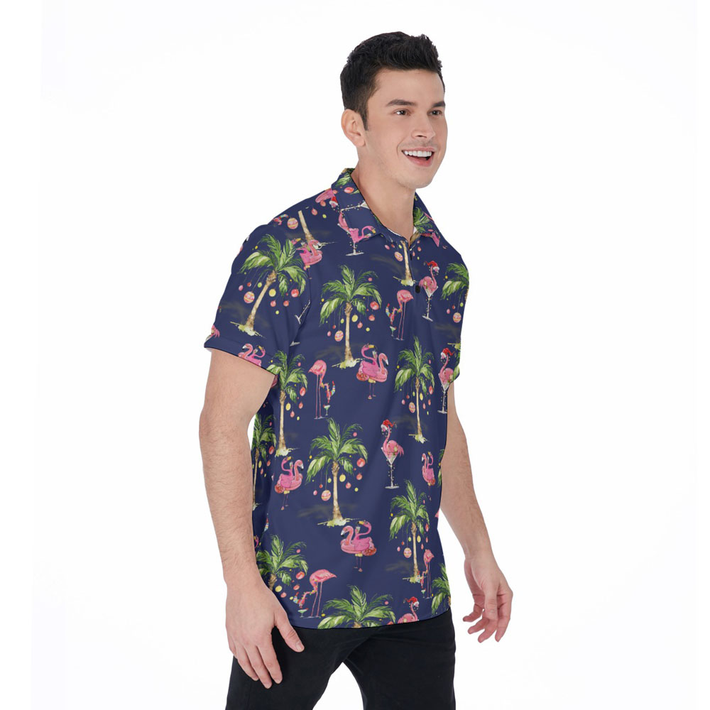Funny Christmas Flamingo Tropical Navy Hawaiian Polo Golf Shirt