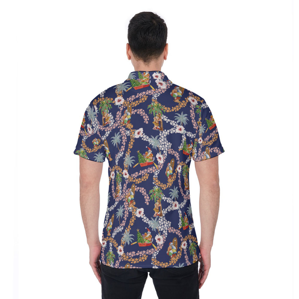 Mele Kalikimaka Summer Santa Floral Navy Hawaiian Polo Shirt