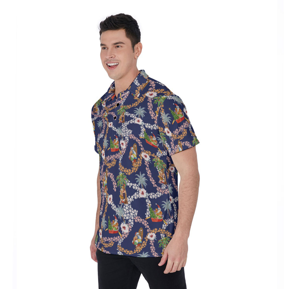 Mele Kalikimaka Summer Santa Floral Navy Hawaiian Polo Shirt