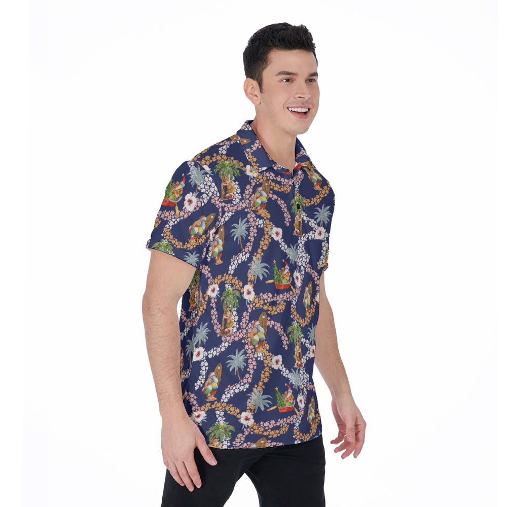 Mele Kalikimaka Summer Santa Floral Navy Hawaiian Polo Shirt