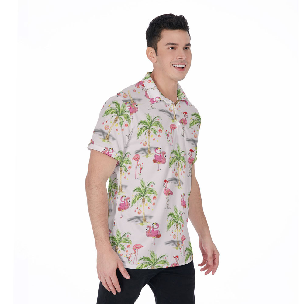 Christmas Flamingo Tropical Palm Tree Hawaiian Polo Shirt