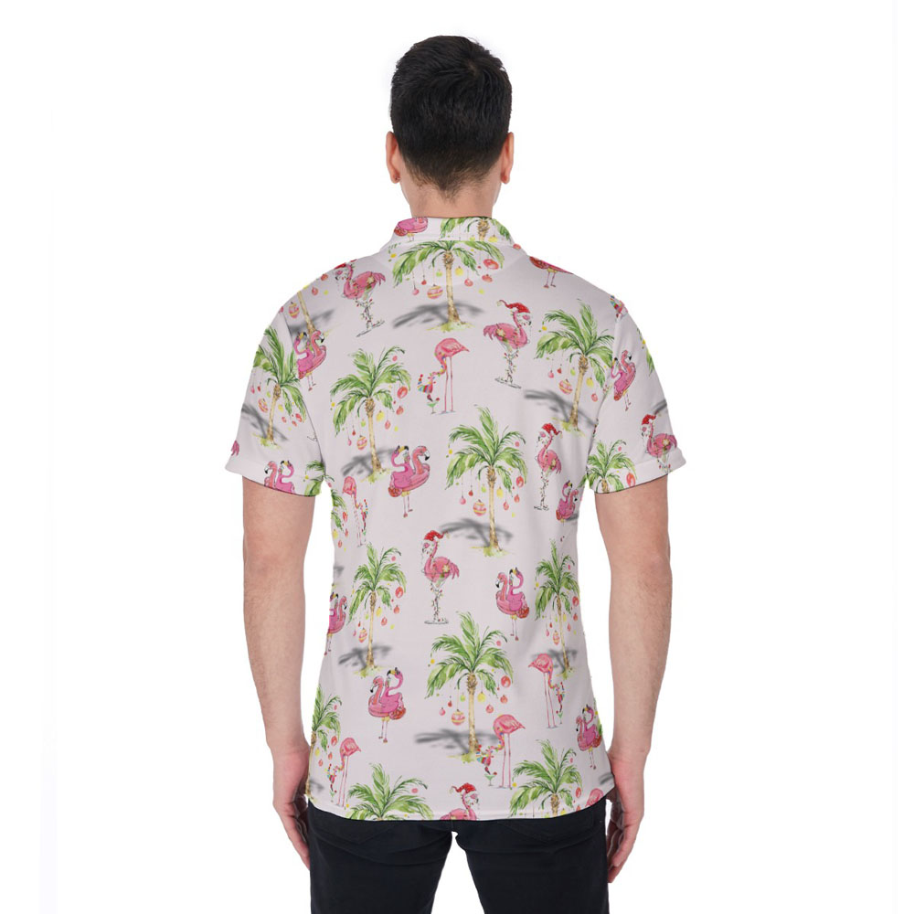 Christmas Flamingo Tropical Palm Tree Hawaiian Polo Shirt
