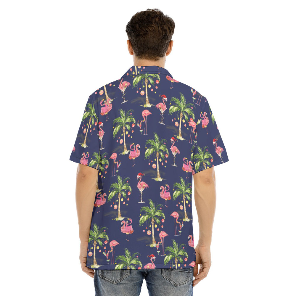 Tropical Palm Tree Christmas Flamingo Navy Hawaiian Shirt