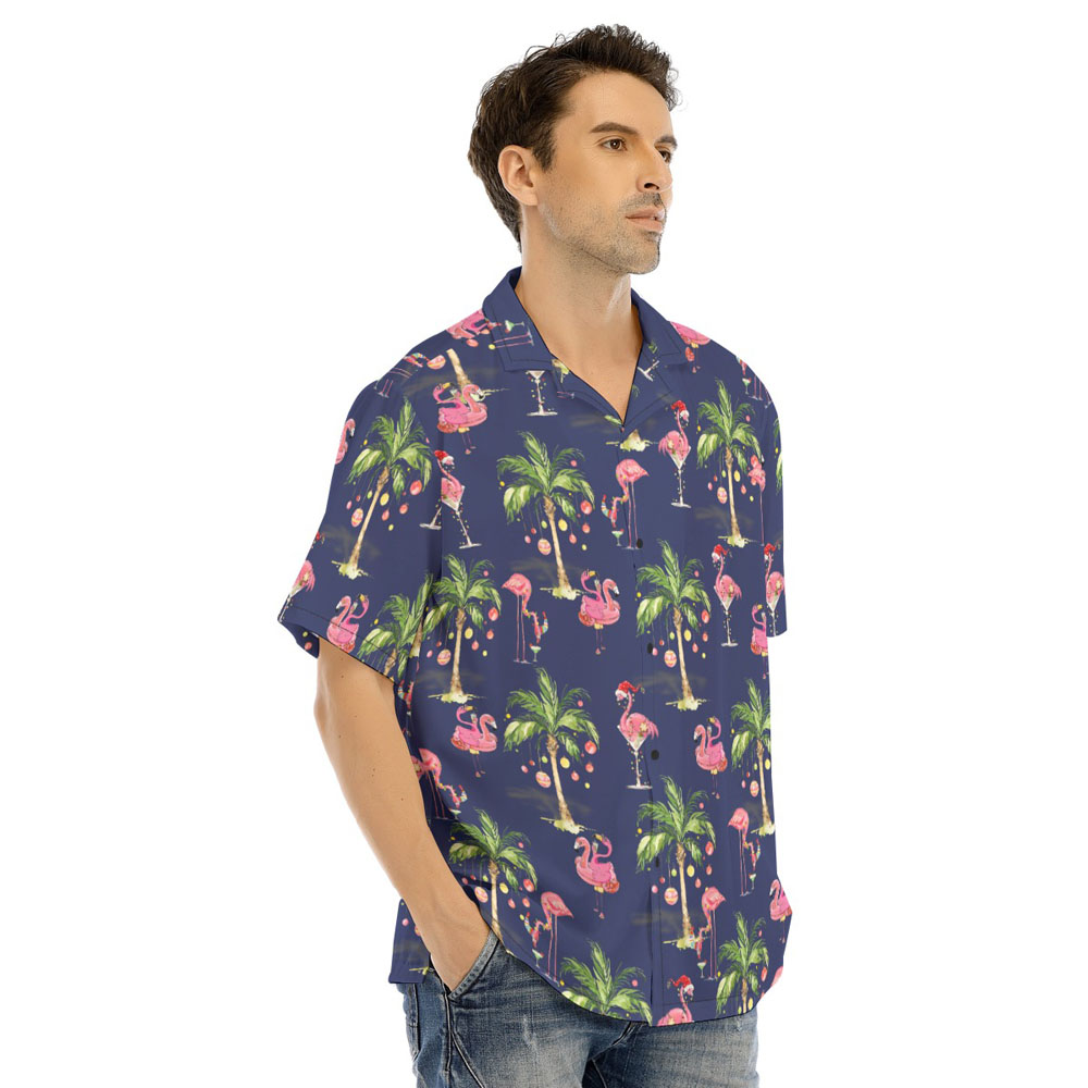 Tropical Palm Tree Christmas Flamingo Navy Hawaiian Shirt