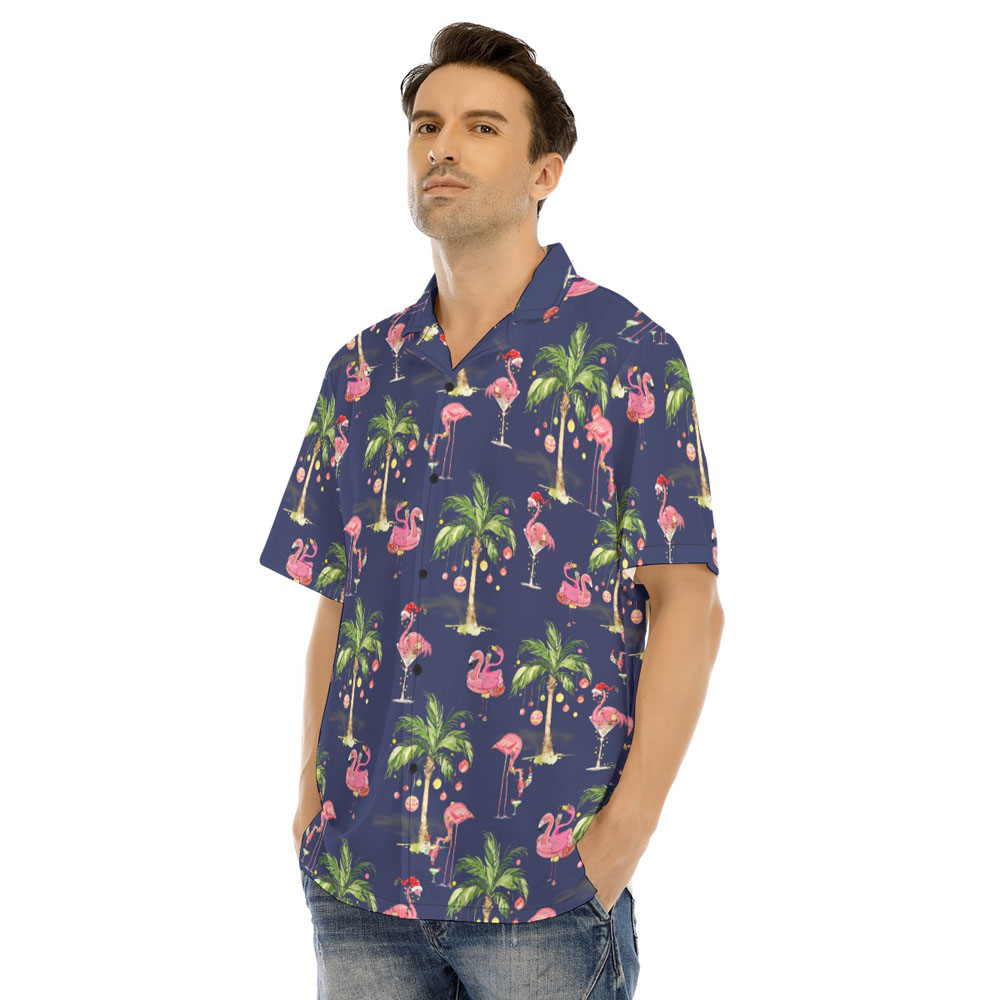 Tropical Palm Tree Christmas Flamingo Navy Hawaiian Shirt