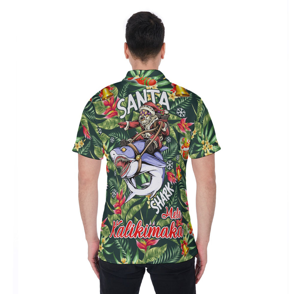 Funny Christmas Santa Riding Shark Tropical Hawaiian Polo Shirt