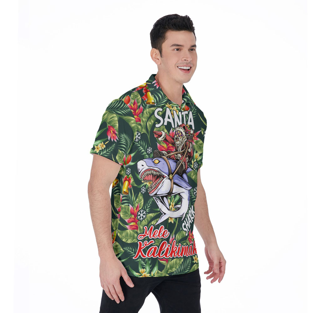 Funny Christmas Santa Riding Shark Tropical Hawaiian Polo Shirt