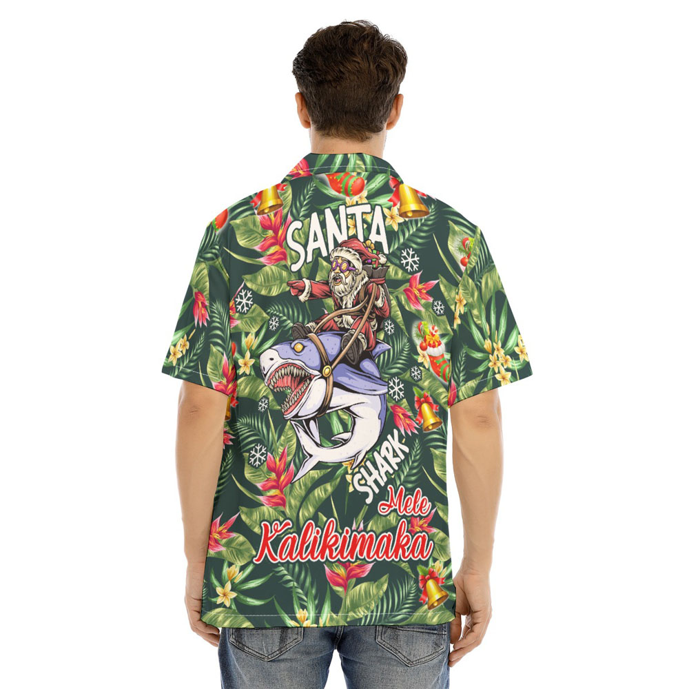 Mele Kalikimaka Santa Riding Shark Christmas Tropical Hawaiian Shirt
